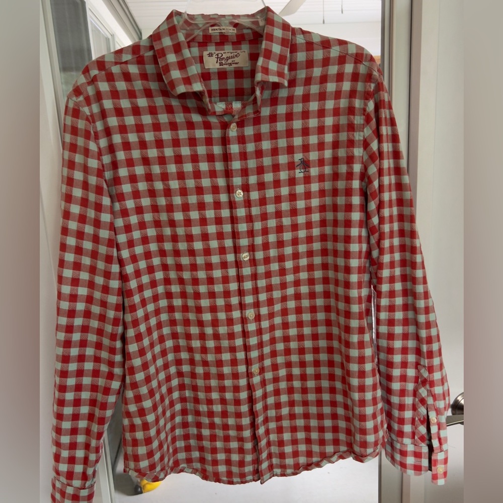 Mens vintage Penguin checked heritage slim fit button down shirt Large EUC